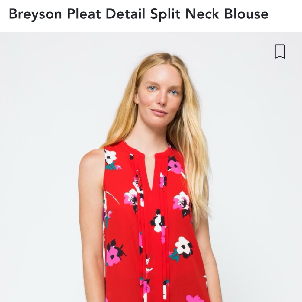 Red Floral Pleat Detail Split Neck Blouse